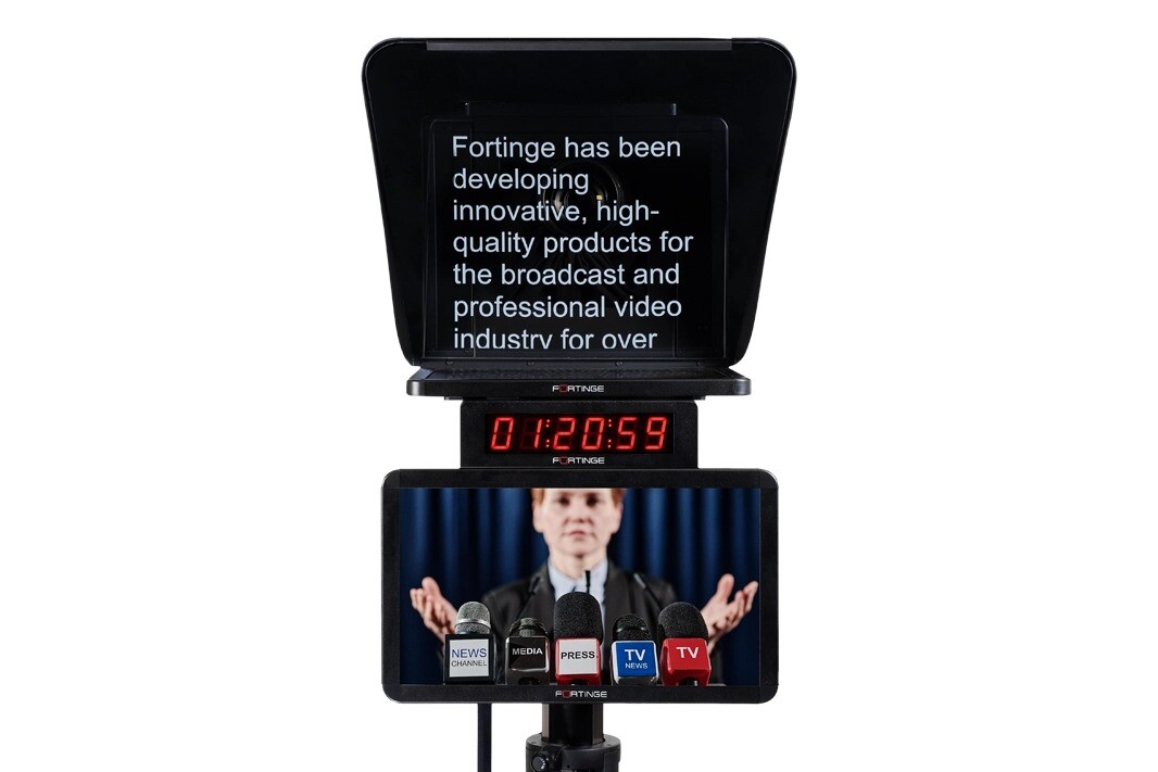 Fortinge ERA LITE 21-SDI Stüdyo Prompter - önden okuma alanı, zamanlayıcı ve yetenek monitörüyle örnek kurulum