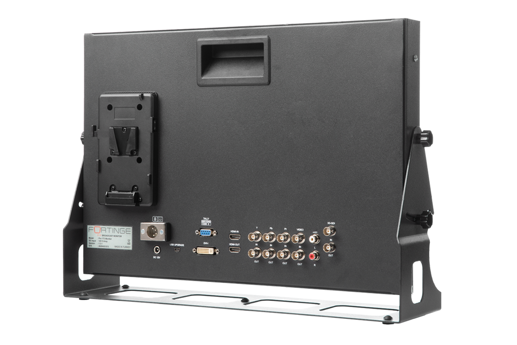 Fortinge PRO173 Prodüksiyon Monitörü - arka panel, V-mount yuvası ve BNC bağlantıları