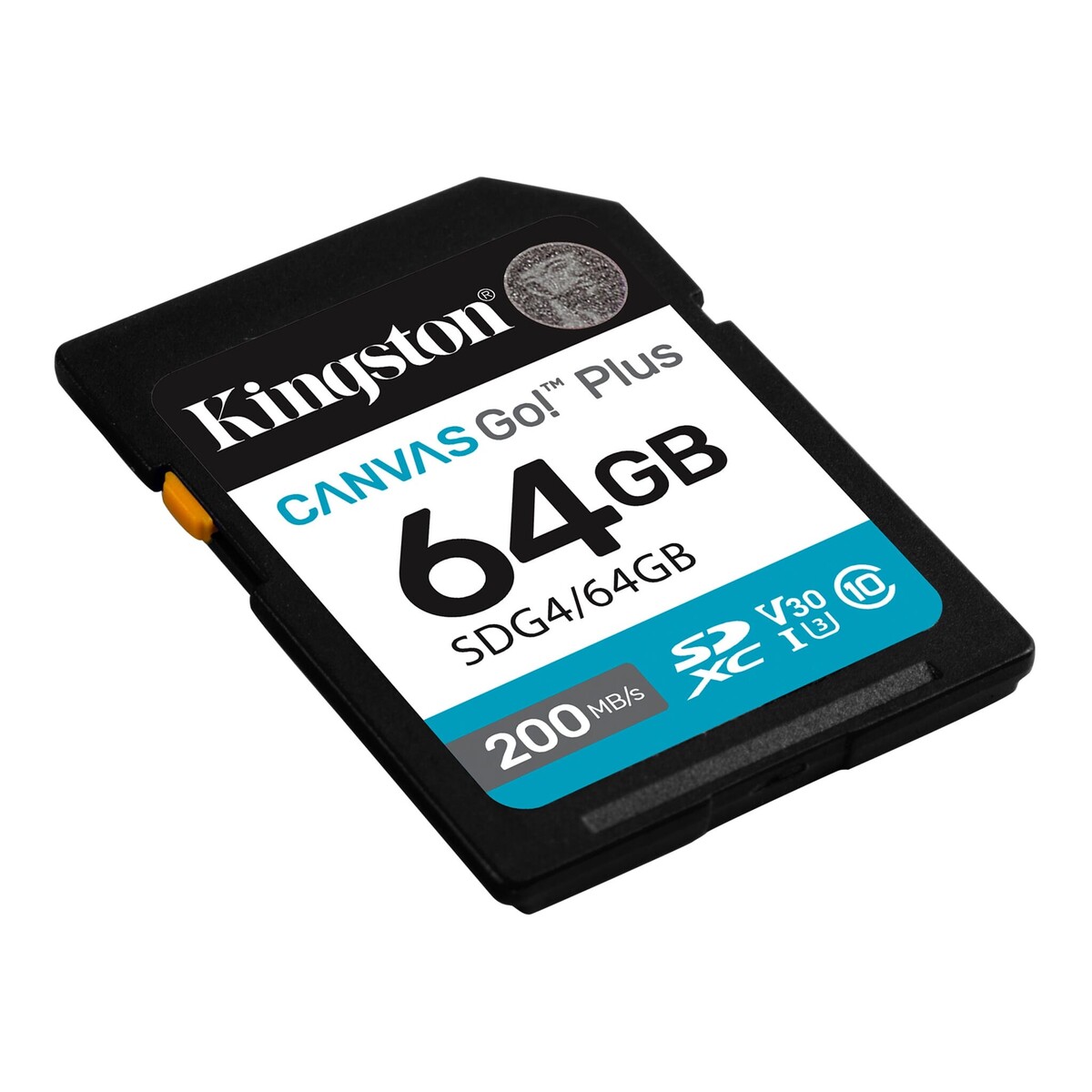 Kingston 64GB SDXC Canvas Go! Plus Gen4 SDG4/64GB kartın açılı görünümü, 64GB kapasite etiketi