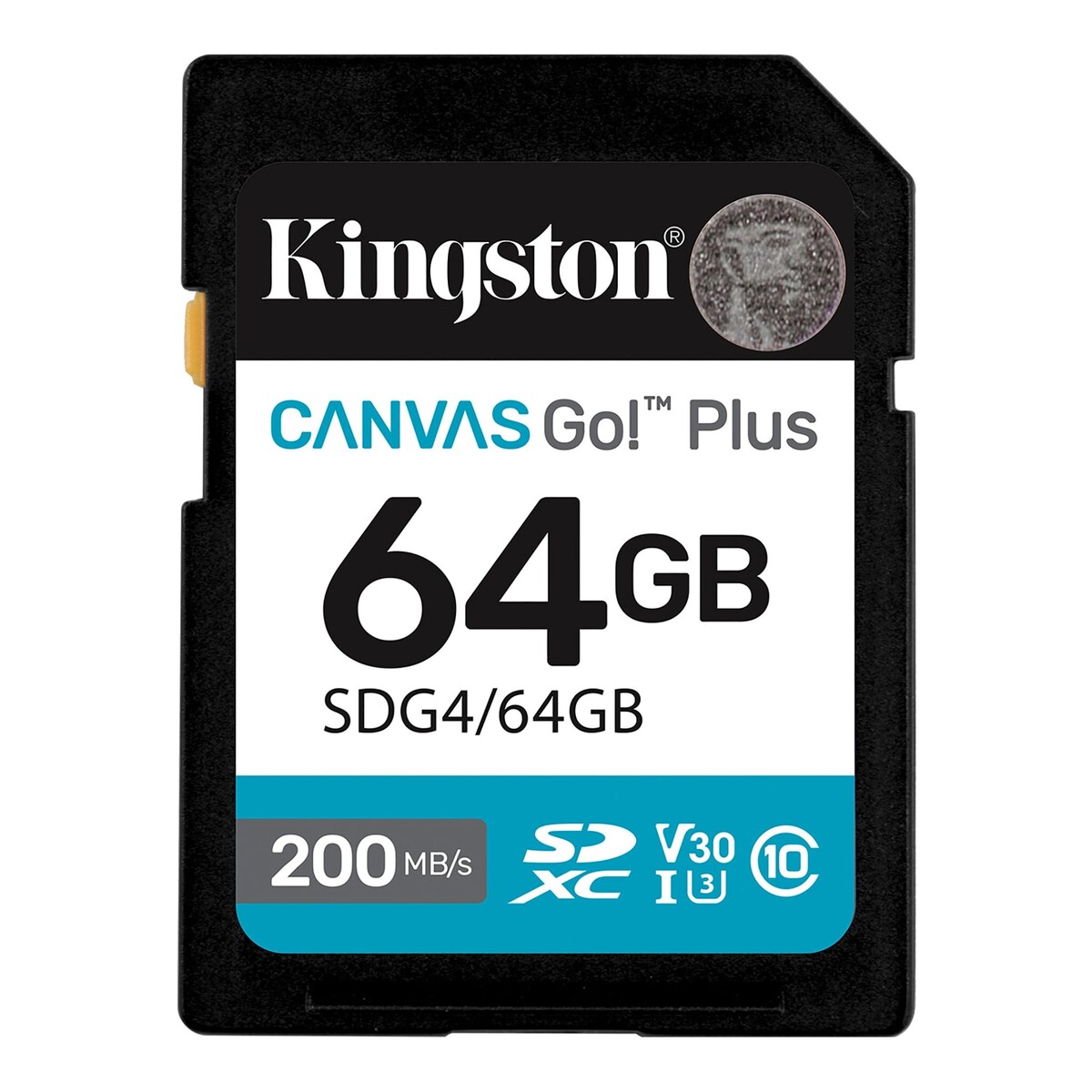Kingston 64GB SDXC Canvas Go! Plus Gen4 SDG4/64GB kartın ön yüzü, 64GB kapasite ve SDG4/64GB ibaresi