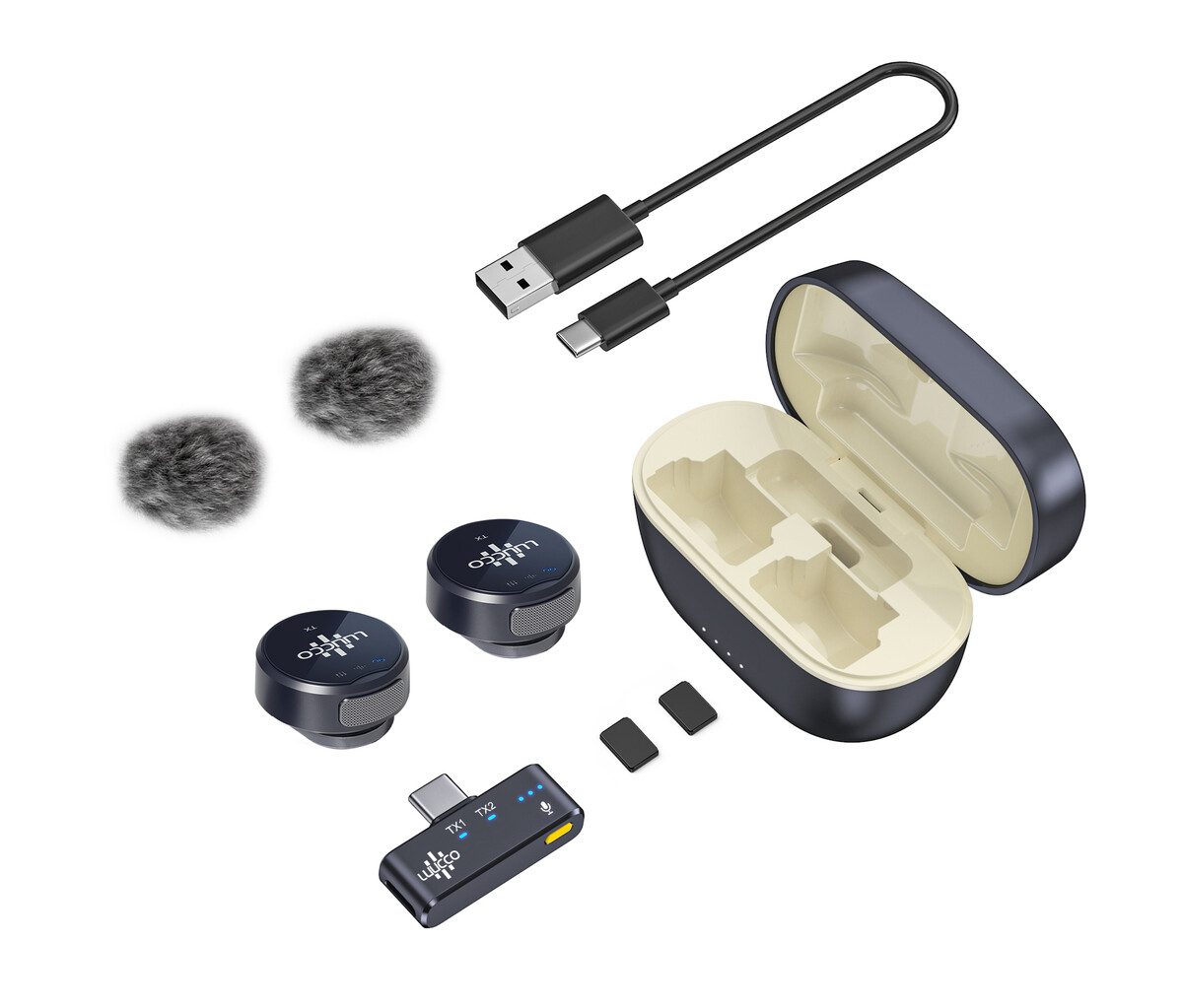Luucco AirWave Mini K2 Kablosuz Yaka Mikrofonu (USB-C) - USB-C alıcı ve set içeriği görünümü