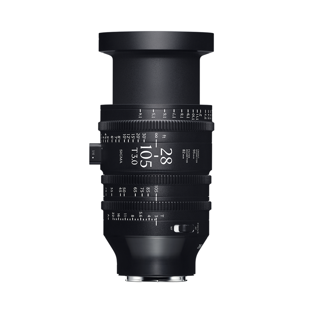 Sigma 28-105mm T3 FF AF Cine Zoom Lens (L Mount, Metric) - yan görünüm ve cine halka işaretleri