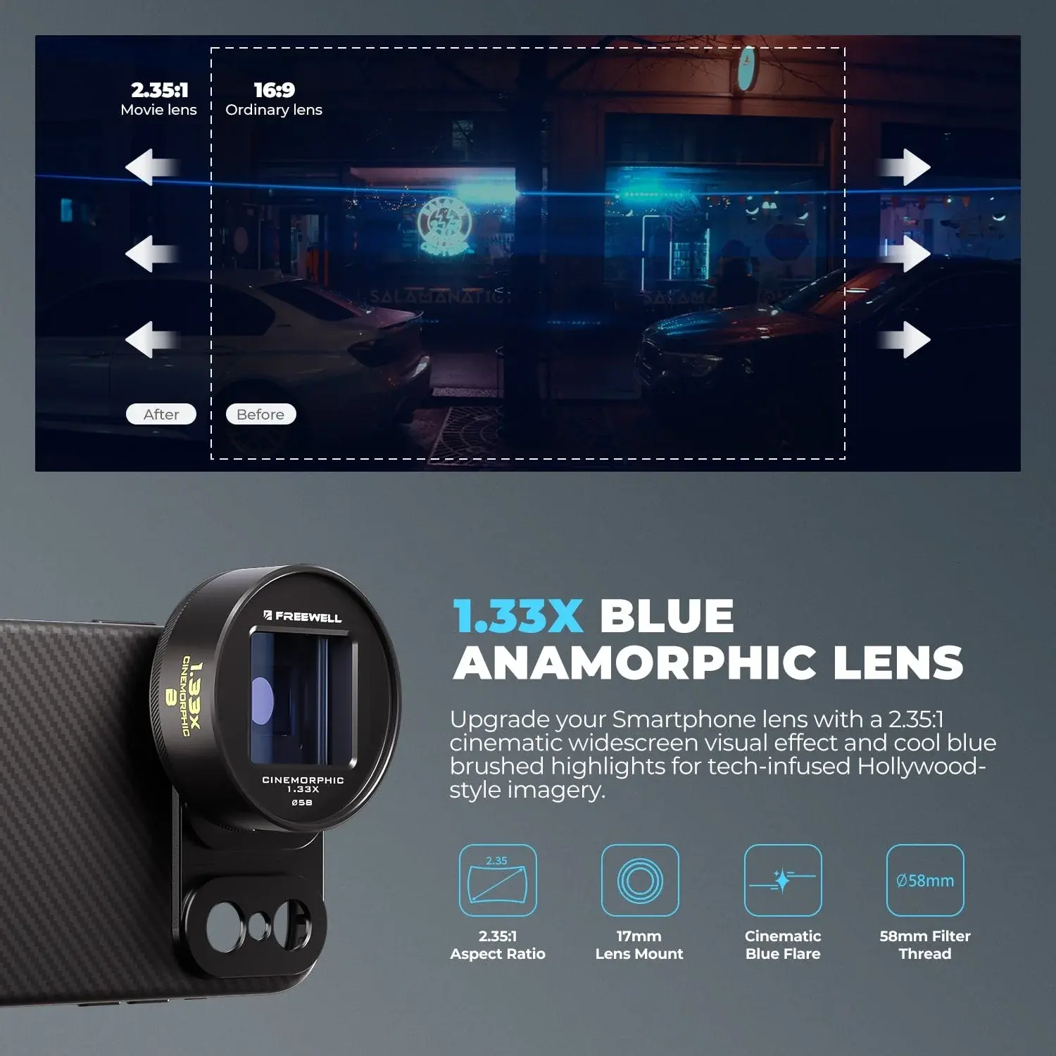 Freewell 1.33x Anamorphic Lens for Freewell Smartphone with 17mm Mount (Gold Flare) - Thumbnail
