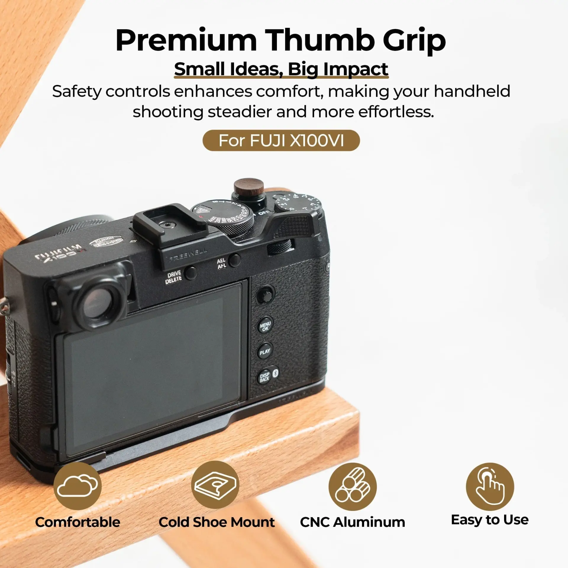 Freewell - Freewell Fuji X100VI Thumb Grip with Cold Shoe Mount Siyah (1)