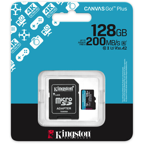 Kingston 128GB microSDXC Canvas Go! Plus Gen4 200MB/s A2 U3 V30 + Adaptör