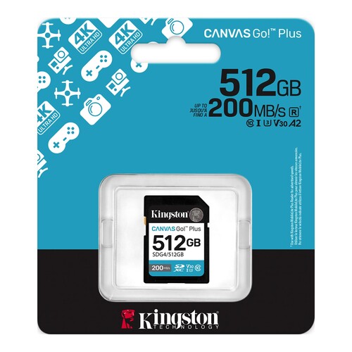 Kingston 512GB SDXC Canvas Go! Plus Gen4 200MB/s C10 UHS-I U3 V30