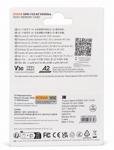 Kodak 128GB UHS-I U3 A2 V30 Ultra DDR SD Hafıza Kartı (160MB/s - 150MB/s)
