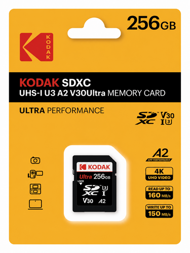 Kodak 256GB UHS-I U3 A2 V30 Ultra DDR SD Hafıza Kartı (160MB/s - 150MB/s)