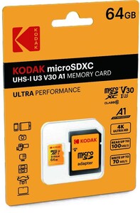 Kodak - Kodak 64GB microSD Ultra UHS-I U3/V30/A1 + SD Adaptör (Sarı)