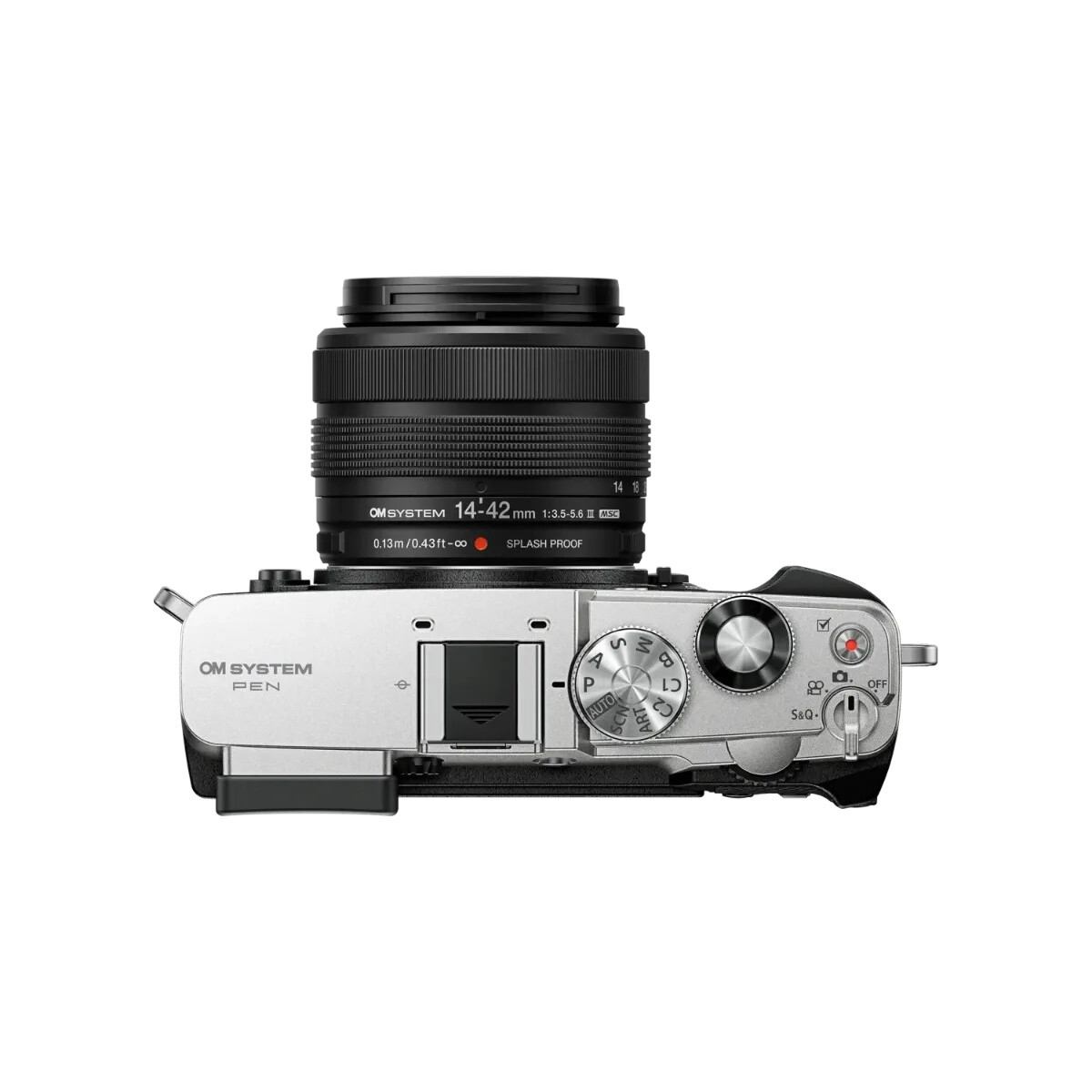 Olympus OM SYSTEM PEN Gümüş + M.Zuiko 14-42mm F3.5-5.6 III Objektif Kiti - üstten görünüm, kontrol kadranları ve objektif