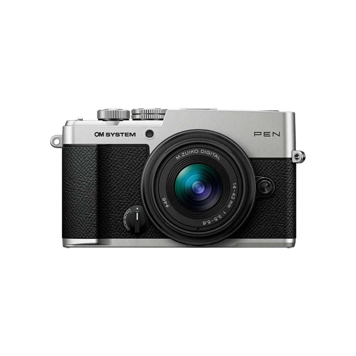 Olympus OM SYSTEM PEN Gümüş + M.Zuiko 14-42mm F3.5-5.6 III Objektif Kiti - önden görünüm ve 14-42mm III objektif