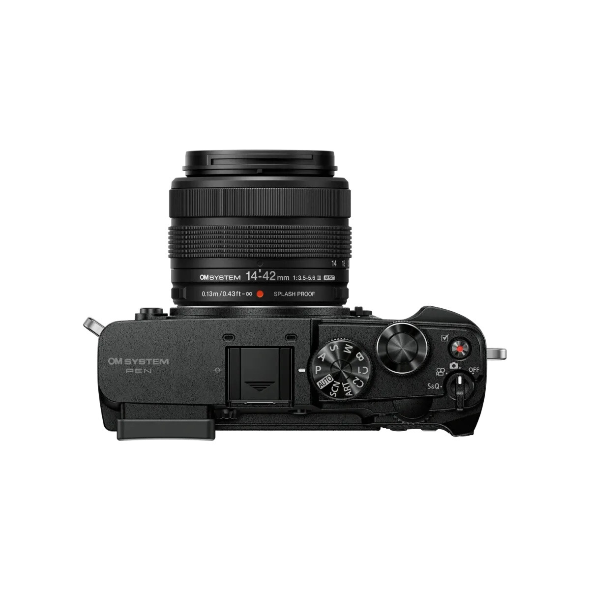 Olympus OM SYSTEM PEN Siyah + M.Zuiko 14-42mm F3.5-5.6 III Objektif Kiti - üstten görünüm, kontrol kadranları ve objektif