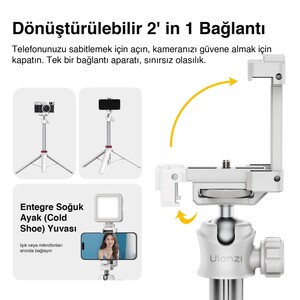 Ulanzi MT-44 149cm 2si 1 Arada Hızlı Açılır Selfie Çubuğu Tripod Telefon Kamera Uyumlu Beyaz - 2503E - Thumbnail